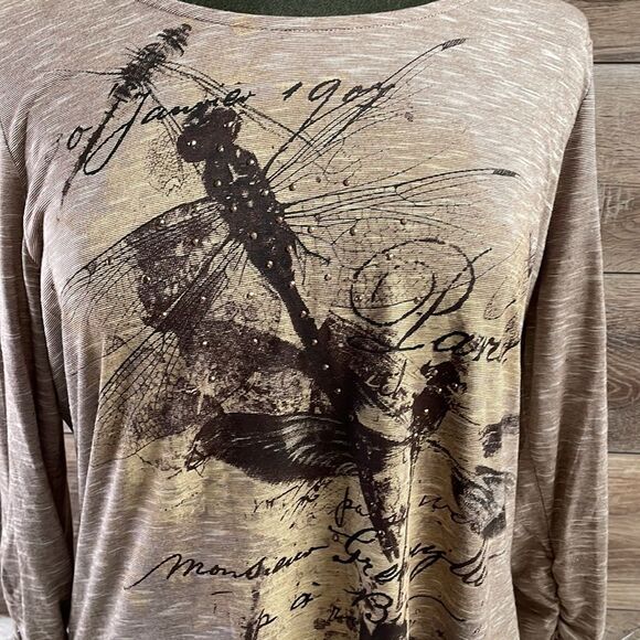 Kim Rogers Ladies 3/4 Sleeve Pullover Top Embellished Butterfly Print Brown Sz L - Picture 4 of 10